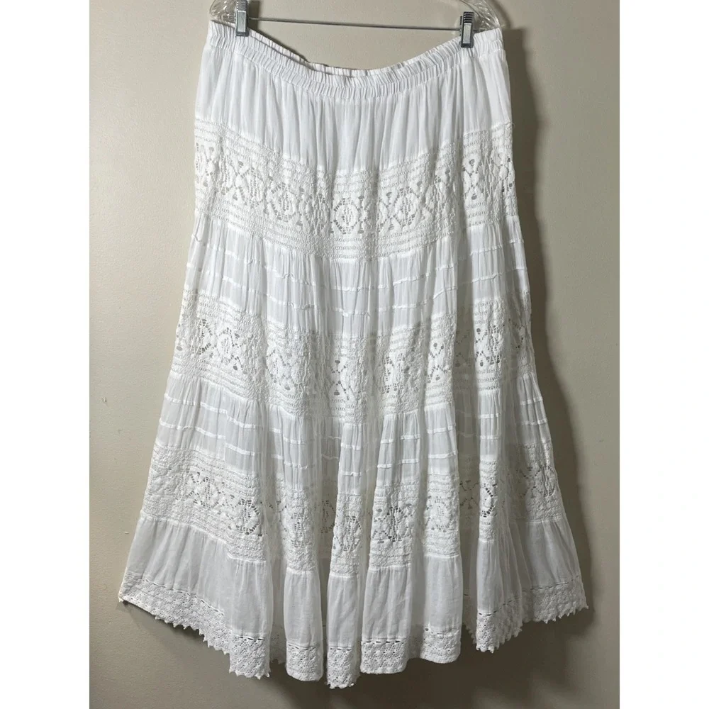 Decorated Originals Women's Size 3X White Cotton Boho Peasant Crochet Skirt